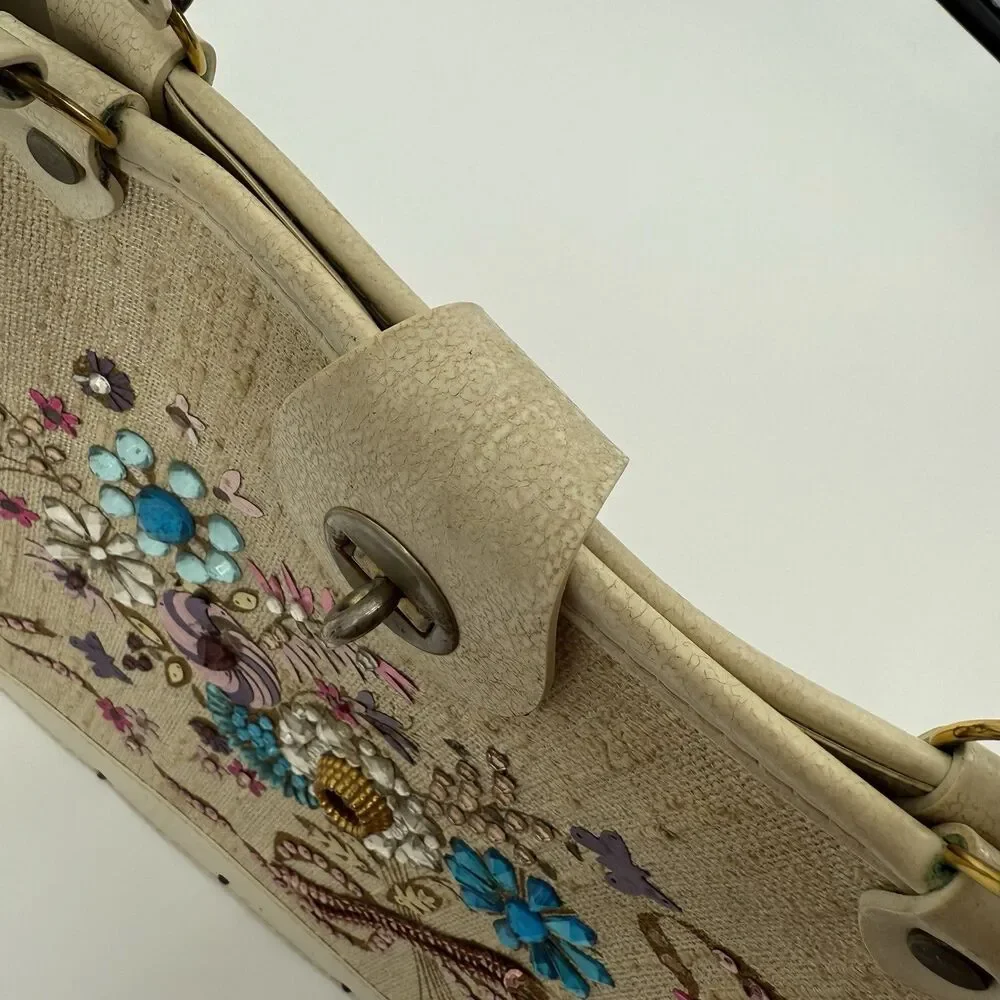 Vintage 60s Jewel Tone  Wood Tote Handbag Collins Style Purse Floral Bucket